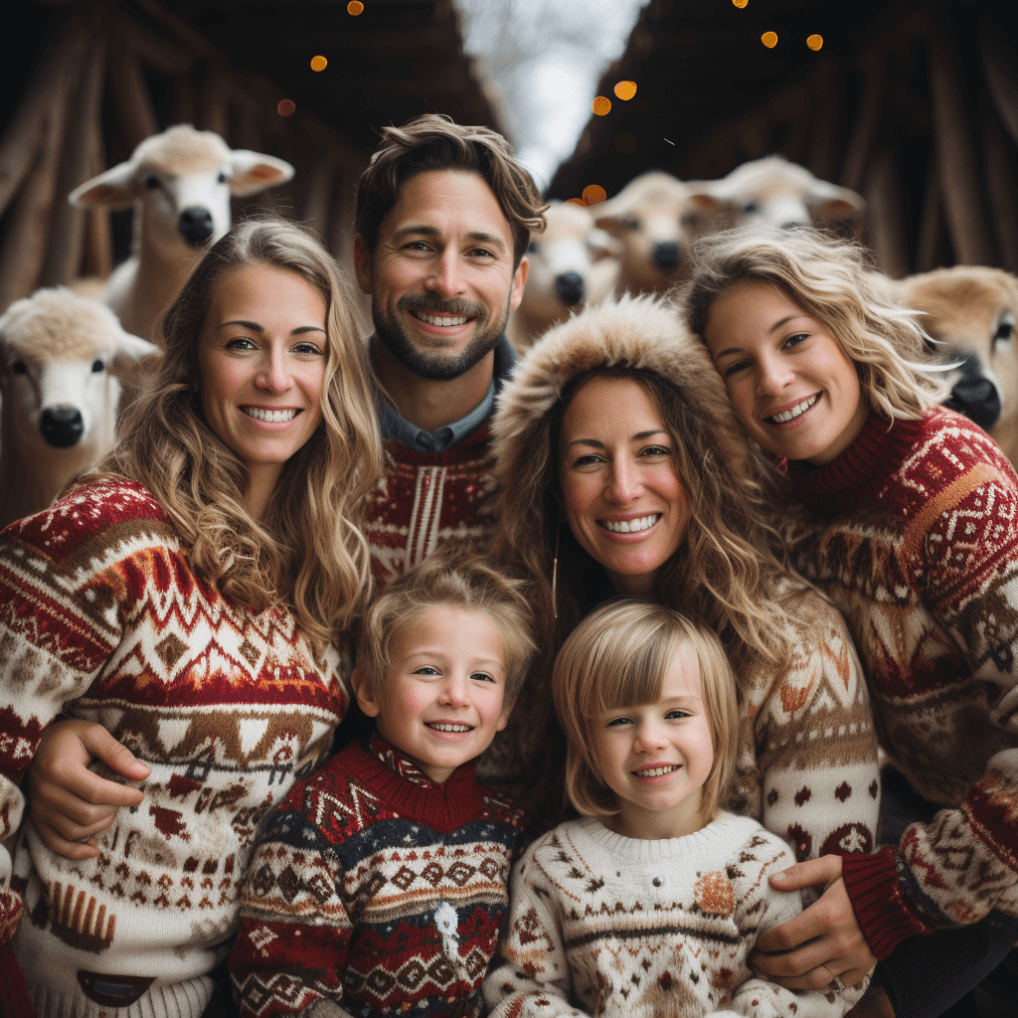 Family photo with farm animals in holiday sweaters - Forget Me Not Farm
